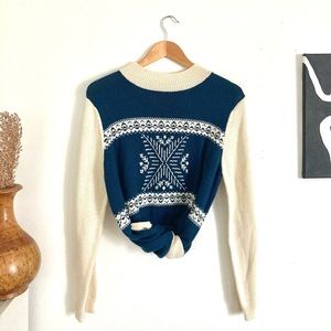 Vintage Winter Cream Fair Isle  Blue Mockneck Sweater